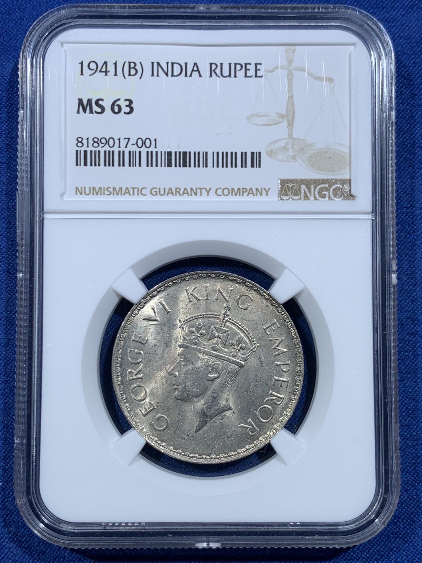 《竞宝斋》第482场 周日，周一 2场连拍 （全场包邮）20级店铺 欢迎送拍 NGC MS63 英属印度1941年乔治六世1卢比银币 好状态 虽然是常见品种 但能上63分挺不容易