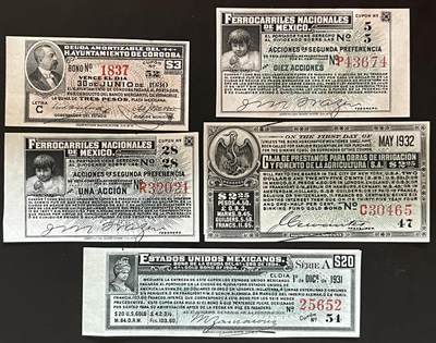 小福收藏拍卖第205期 裸钞场 本期有多张豹子号靓号  大量民国钞 百慕大样钞洋葱冠全套  阿富汗首年份查希尔国王和独立纪念碑 仅发行1000枚亚克力砖封蒙古20000图格里克帝国800周年纪念钞 卢旺达 东加勒比 斯里兰卡等多国精美纸币 墨西哥 1930年代 债券 （2张无47）1组5张 unc-和aunc