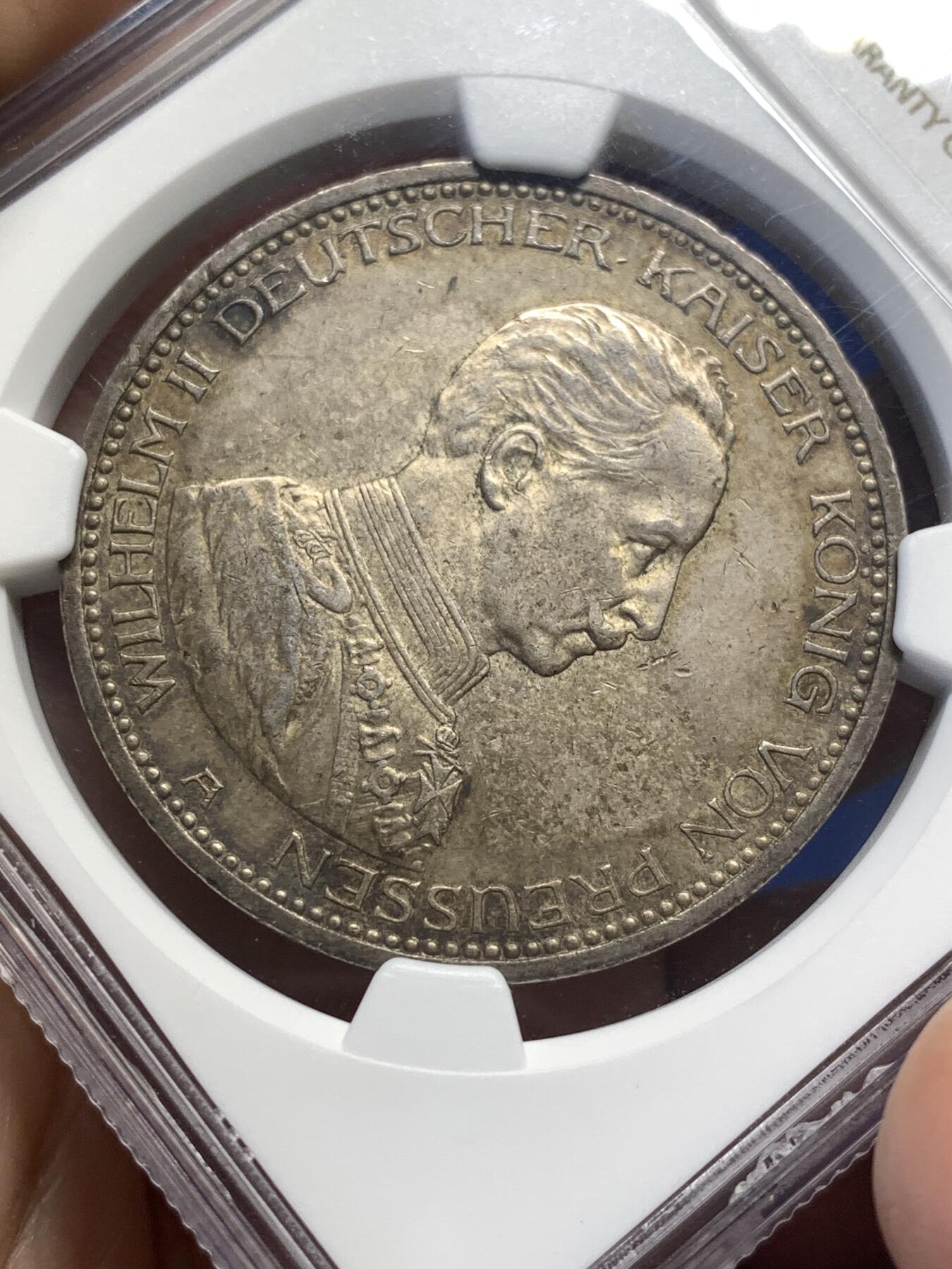 《竞宝斋》第482场 周日，周一 2场连拍 （全场包邮）20级店铺 欢迎送拍 NGC  MS61 德国1913年威廉二世戎装5马克银币 原味厚重包浆