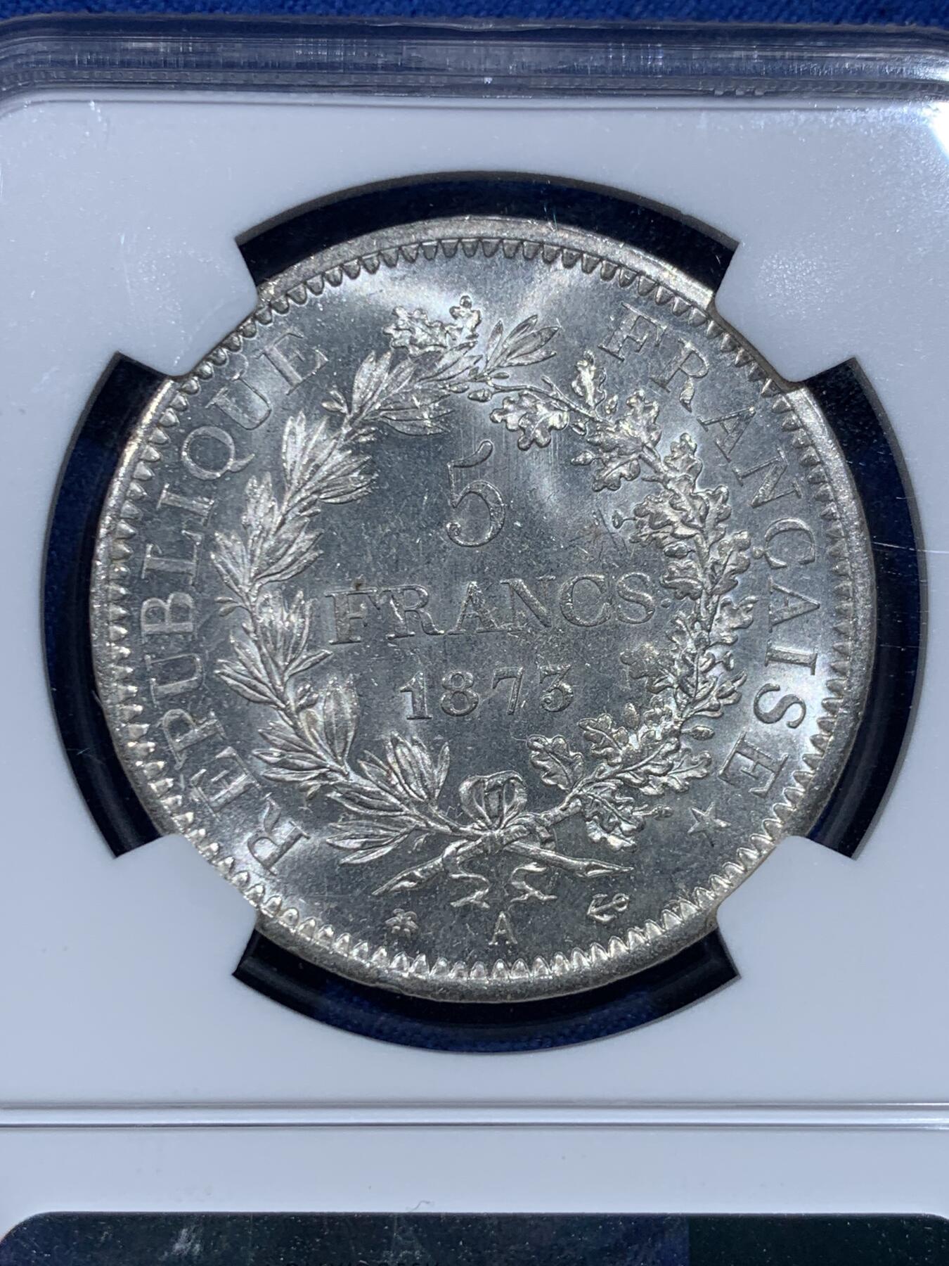 《竞宝斋》第482场 周日，周一 2场连拍 （全场包邮）20级店铺 欢迎送拍 NGC MS64 法国 法兰西第三共和国1873A大力神5法郎银币 好品好质感 分数也不错