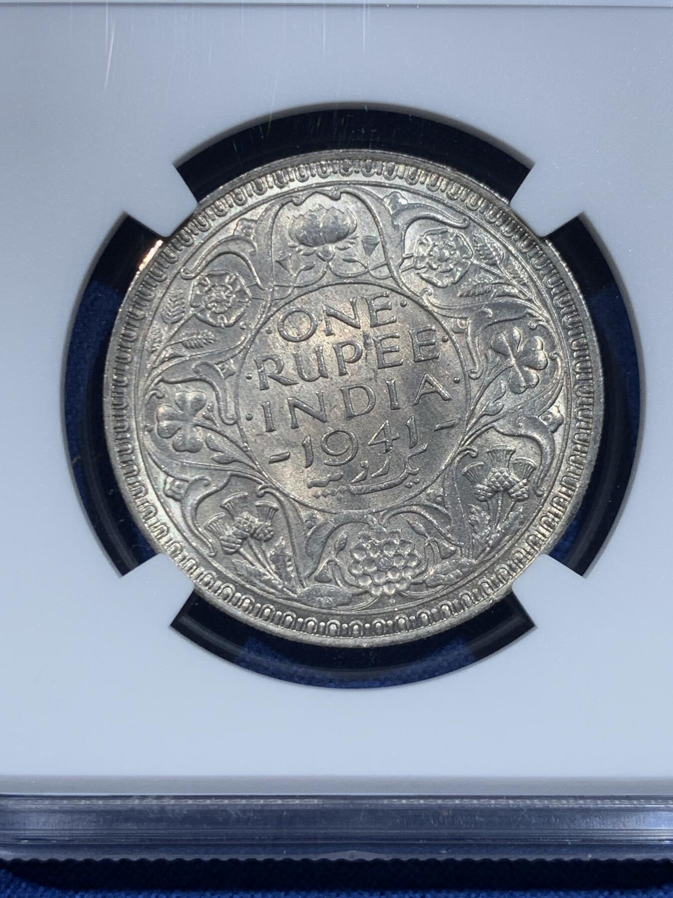 《竞宝斋》第482场 周日，周一 2场连拍 （全场包邮）20级店铺 欢迎送拍 NGC MS63 英属印度1941年乔治六世1卢比银币 好状态 虽然是常见品种 但能上63分挺不容易