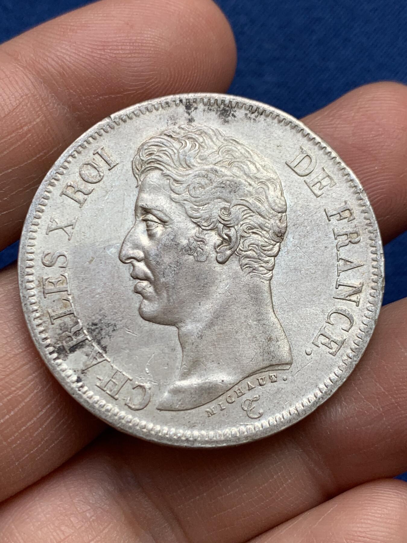 《竞宝斋》第482场 周日，周一 2场连拍 （全场包邮）20级店铺 欢迎送拍 法国1825年W版查理十世5法郎大银币，里尔造币厂