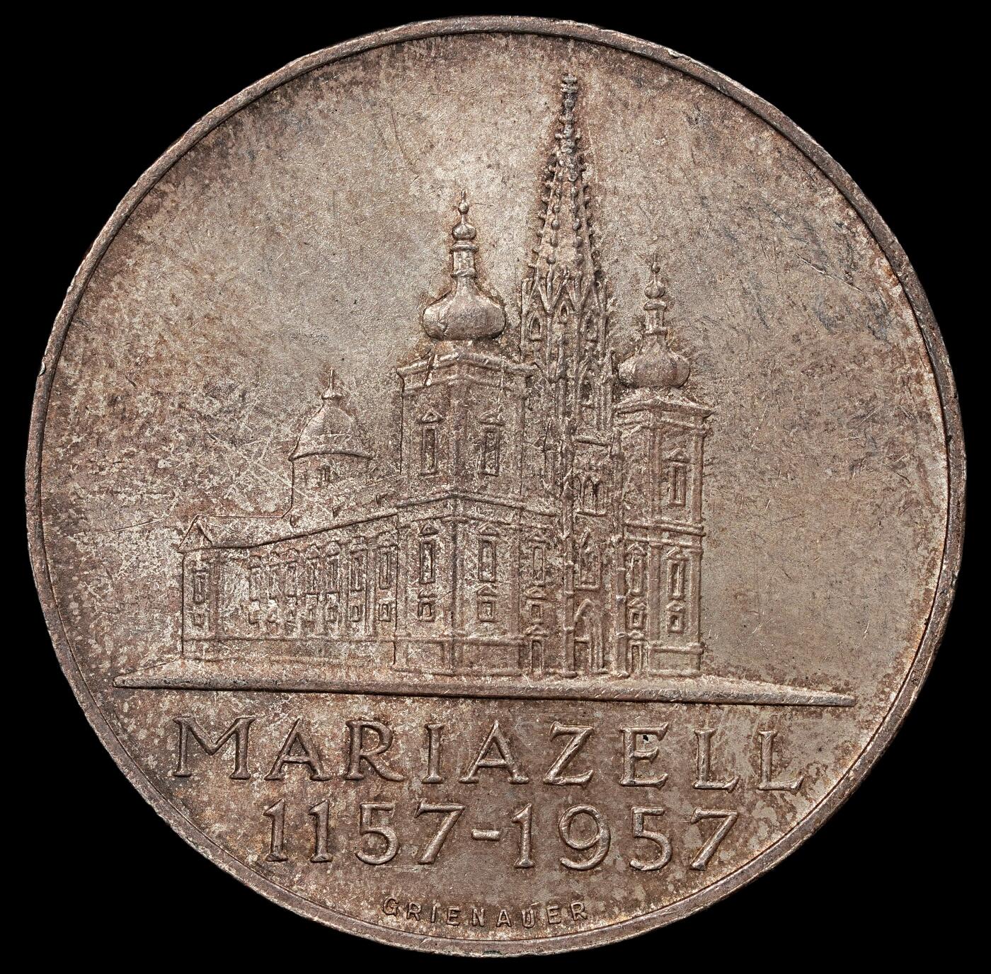 修遠堂世界钱币第112期 1957 年奥地利-玛利亚采尔（Mariazell）圣殿 800 周年纪念 25 先令银币，13g，含银80%