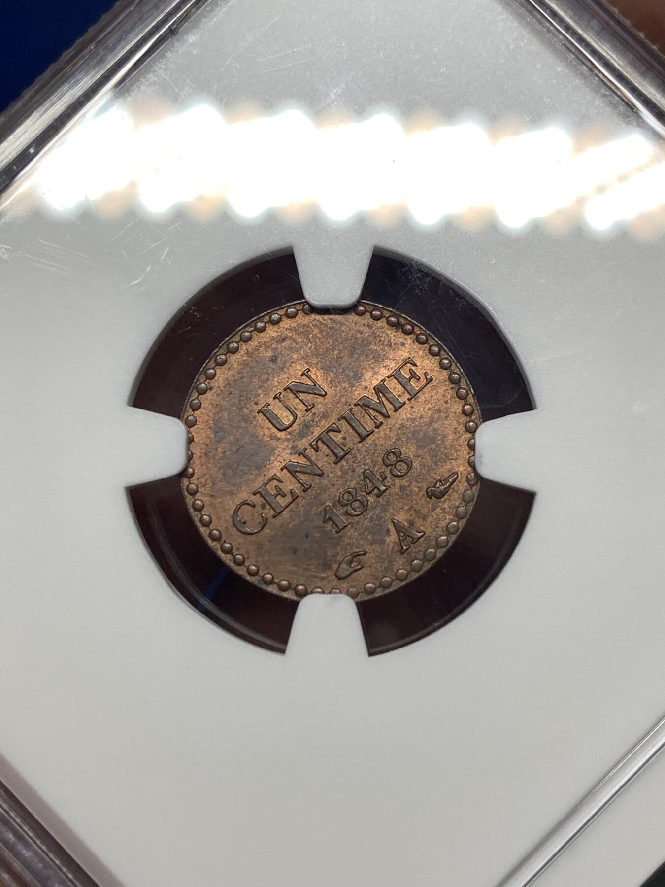 《竞宝斋》第482场 周日，周一 2场连拍 （全场包邮）20级店铺 欢迎送拍 NGC MS63RB 法国 1848A 1分铜币