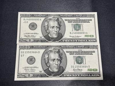 《外钞收藏家》第六百二十九期（精品场）（长期征集拍品、欢迎藏友们联系合作） 美国大头版1999和2001年20美元 2张一起 全新UNC