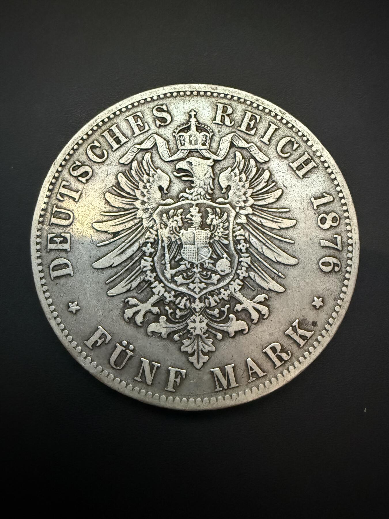 【周六 19:30】乾藏阁外国银币专场・裸币 / 评级币 + 银章铜章 保真包老 德国巴伐利亚1876年5马克银币 路德维希二世 帝国鹰