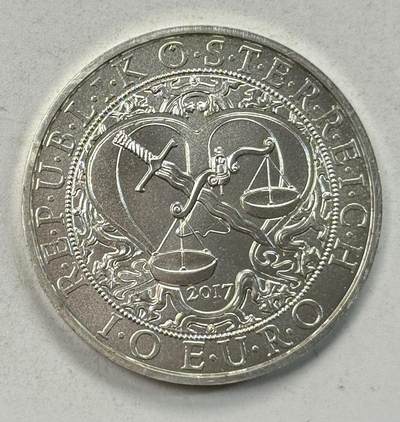 S&S Numismatic世界钱币-拍卖 第126期  奥地利2017年 守护天使系列-正义女神 10欧元纪念银币 16.82克925银，裸币