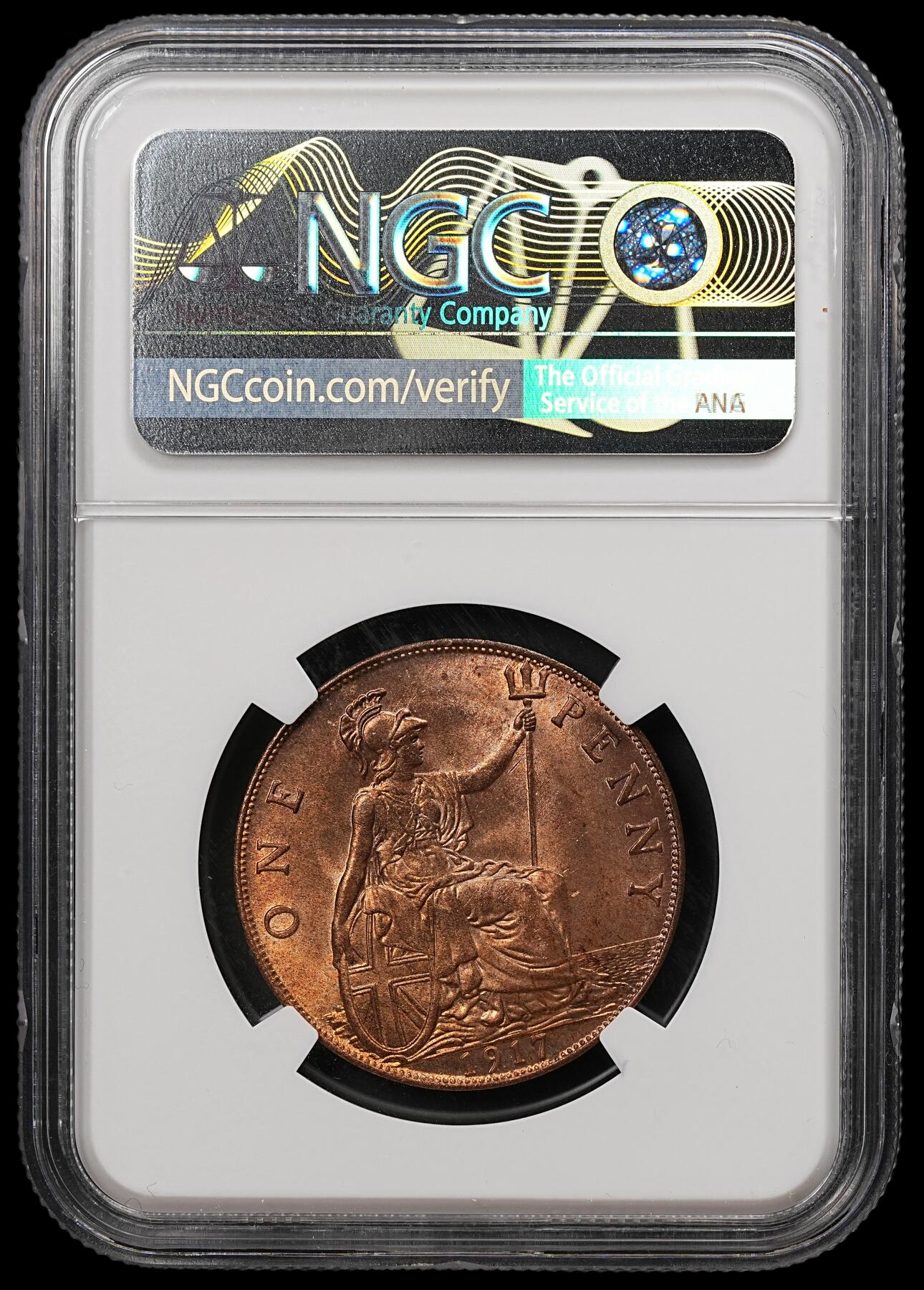 修遠堂世界钱币第112期 NGC MS63RB  1917年英国1便士铜币