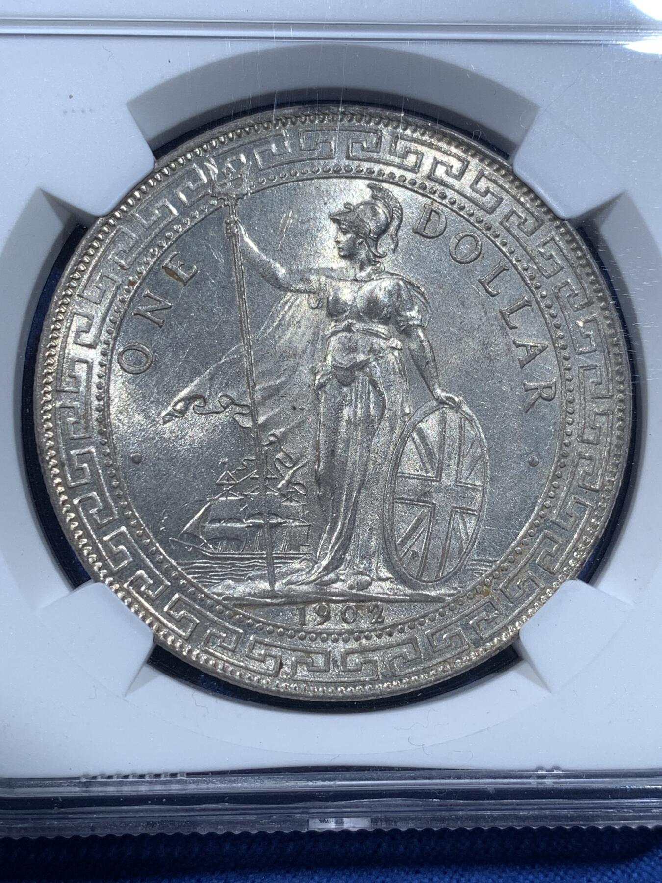 《竞宝斋》第482场 周日，周一 2场连拍 （全场包邮）20级店铺 欢迎送拍 NGC MS62 英国 1902年 贸易银币 站洋壹圆 犀利转光 很好的藏品