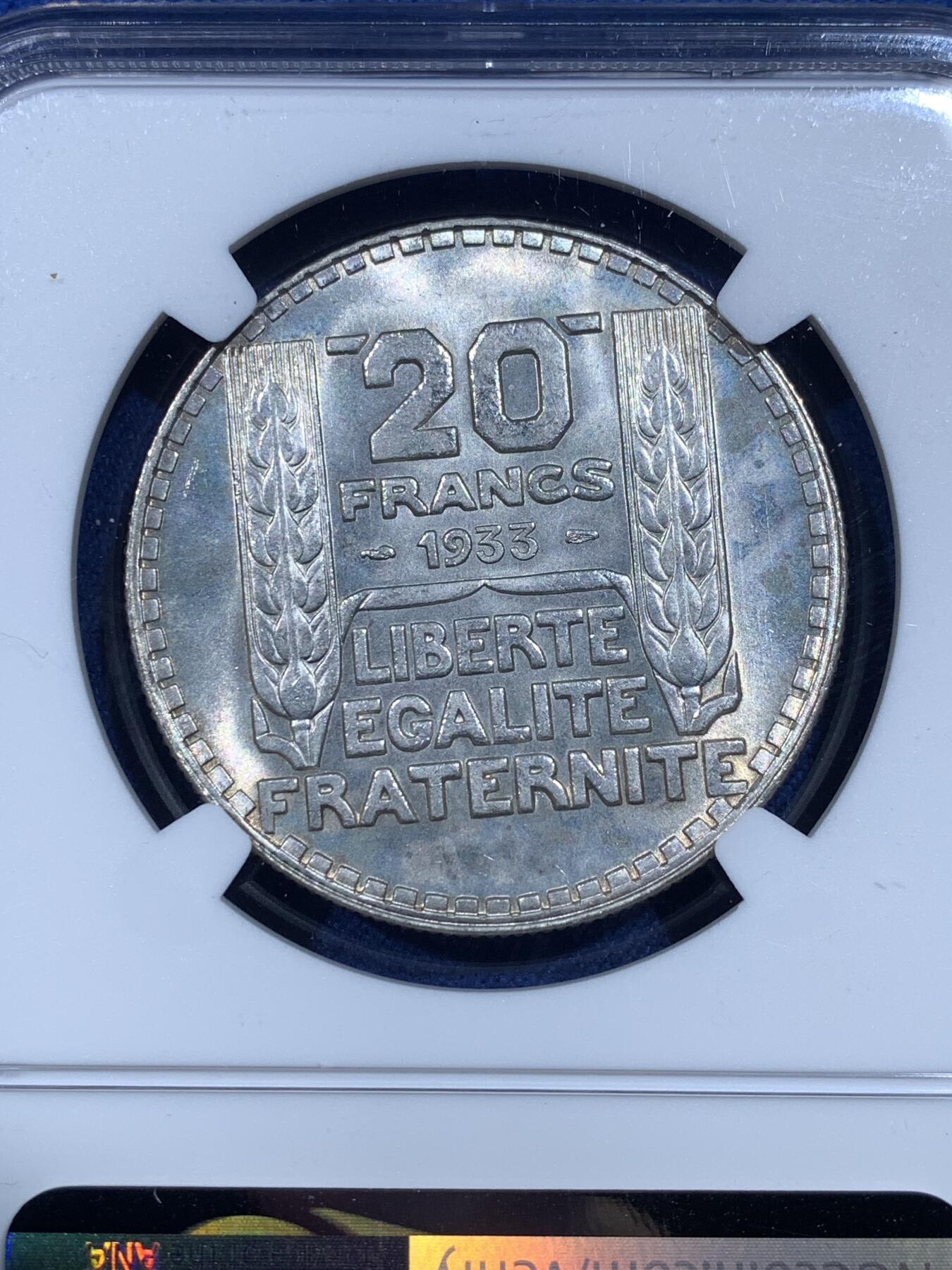 《竞宝斋》第482场 周日，周一 2场连拍 （全场包邮）20级店铺 欢迎送拍 NGC MS63 法国 1933年 谷物女神 20法郎银币