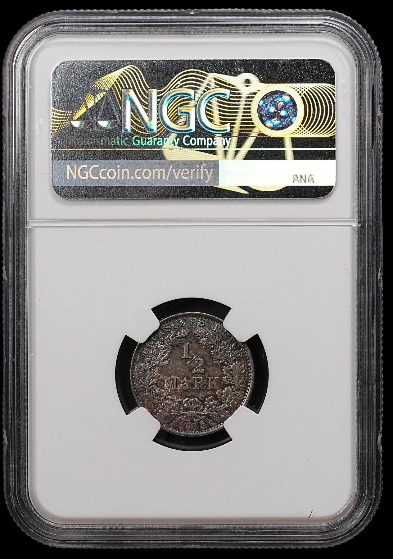 修遠堂世界钱币第112期 NGC MS63  1915年德国1/2马克银币，E厂铭