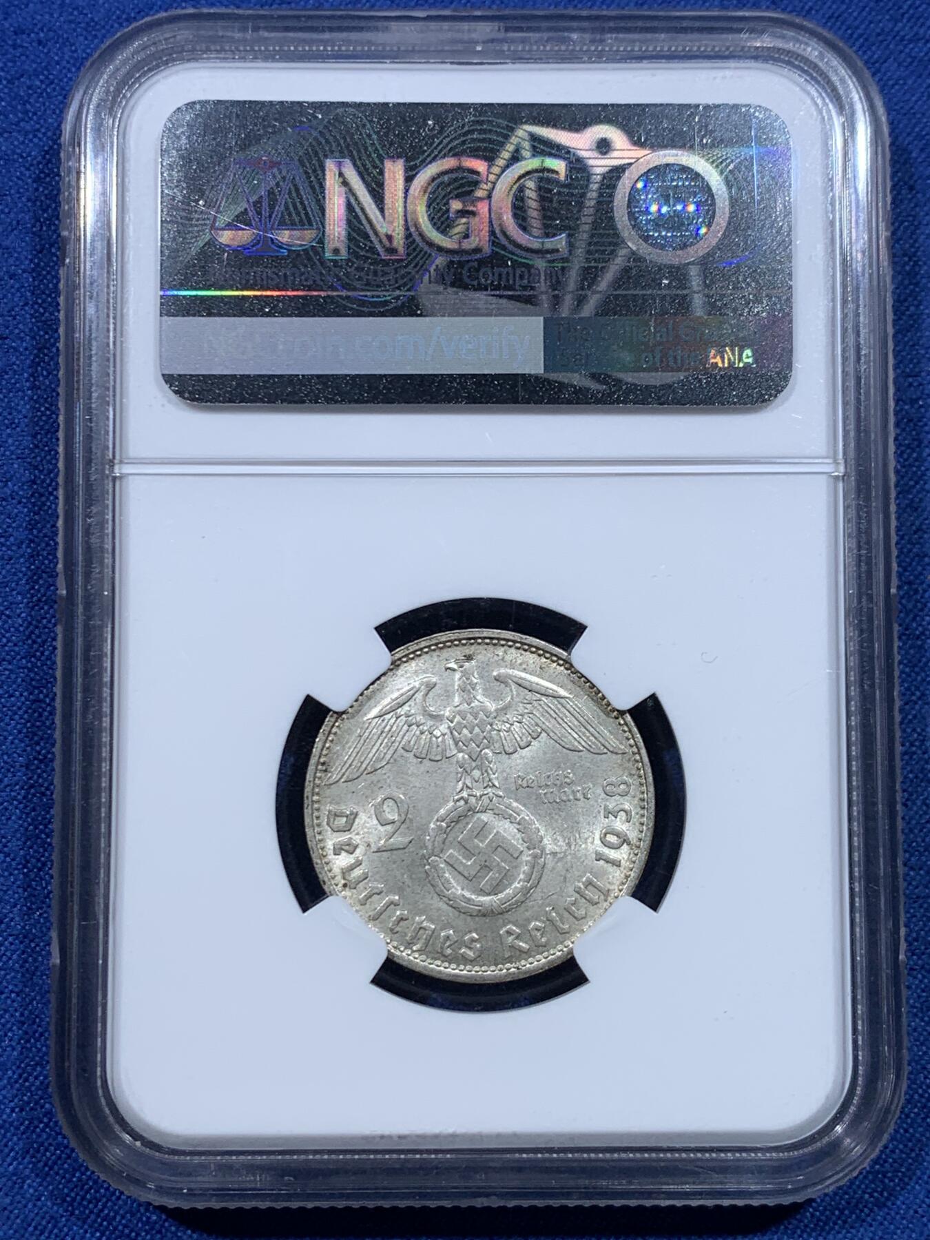 《竞宝斋》第482场 周日，周一 2场连拍 （全场包邮）20级店铺 欢迎送拍 NGC MS63 德国1938B帝国时期兴登堡2马克银币，25mm/8克。