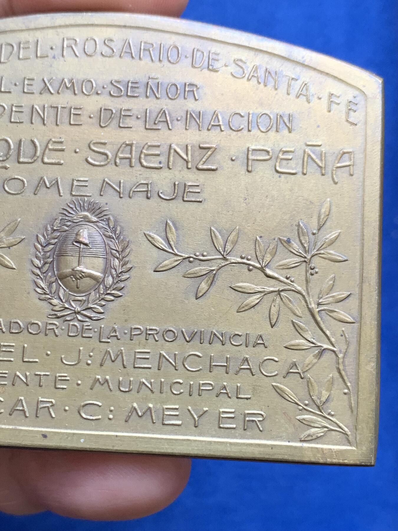 《竞宝斋》第482场 周日，周一 2场连拍 （全场包邮）20级店铺 欢迎送拍 好品 阿根廷1913年异形铜章 54*71.5mm 102g