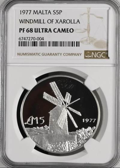 S&S Numismatic世界钱币-拍卖 第126期  - 马耳他1977年 马耳他扎里格风车 5里拉精制纪念银币 NGC PF68UC  28.28克925银