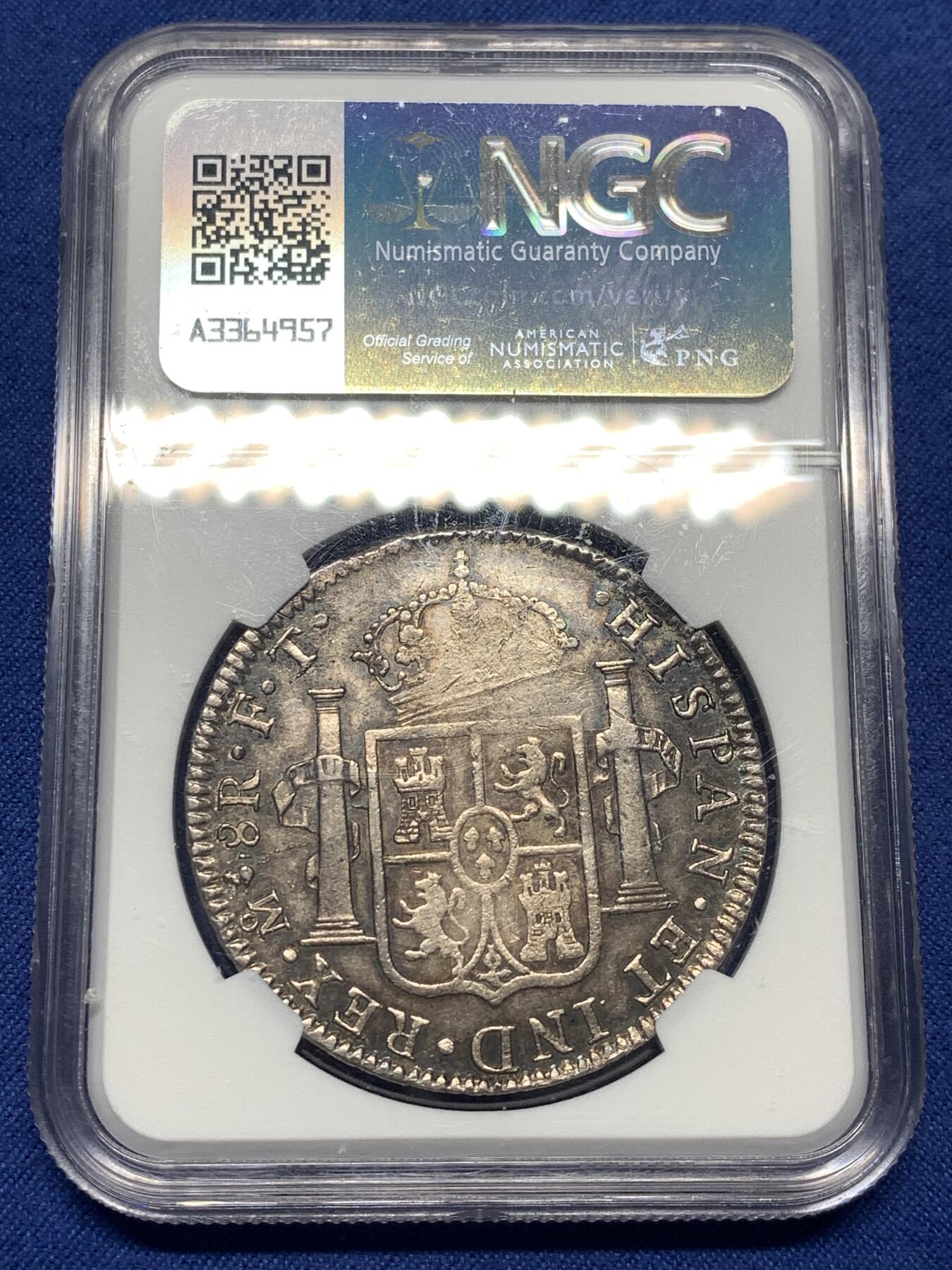 《竞宝斋》第482场 周日，周一 2场连拍 （全场包邮）20级店铺 欢迎送拍 NGC VFD 1801年西属墨西哥卡洛斯四世8R银币 F·T/F·M骑字版