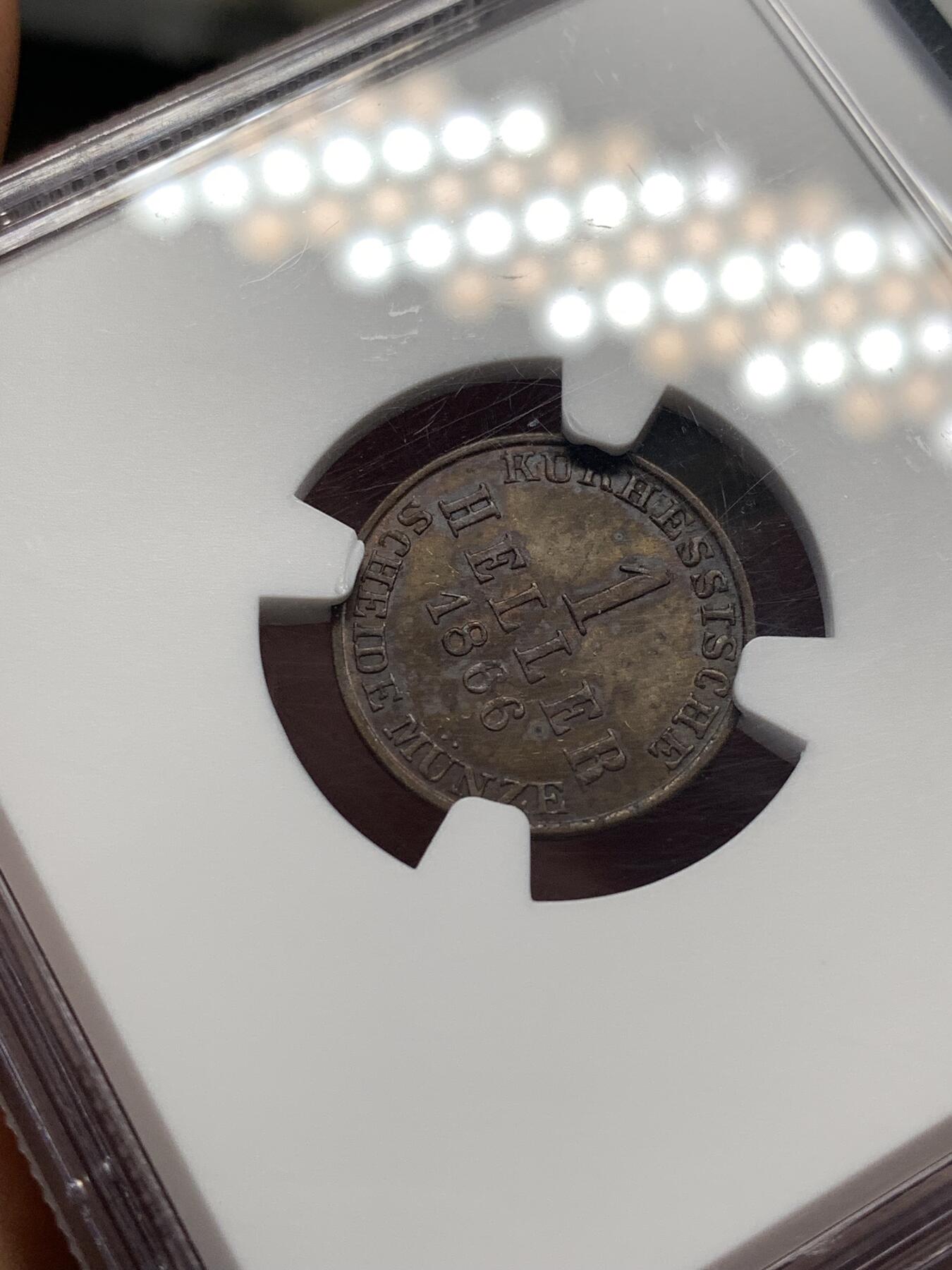 《竞宝斋》第482场 周日，周一 2场连拍 （全场包邮）20级店铺 欢迎送拍 唯一冠军分 NGC MS63+BN 德国1866年黑森卡塞尔邦1赫勒铜币 