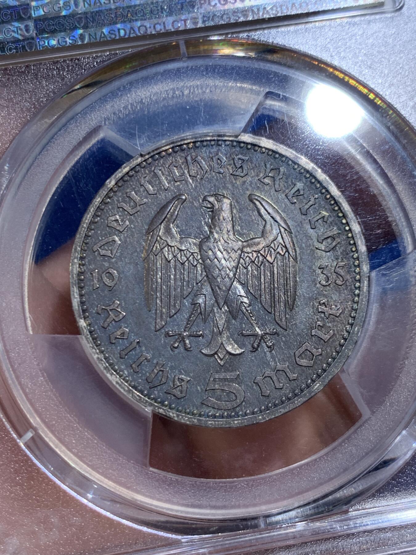 《竞宝斋》第482场 周日，周一 2场连拍 （全场包邮）20级店铺 欢迎送拍 PCGS PR65 德国 1935A 兴登堡精制5马克 亚军分，高分精制主币，五彩镜面