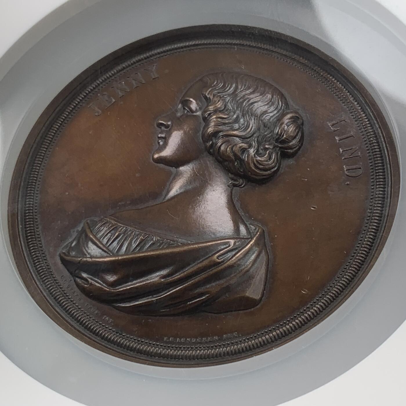 掌中浮雕-藏着的欧洲第059场 NGC MS62 ：1848年瑞典夜莺珍妮·林德铜章，78mm, P.H.Lundgren,高浮雕，NGC 加厚盒子