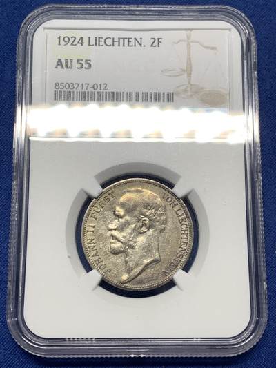 《竞宝斋》第482场 周日，周一 2场连拍 （全场包邮）20级店铺 欢迎送拍 - NGC AU55 列支敦士登 1924年 约翰二世2法郎银币 独年发行 法郎版本比克朗版少很多