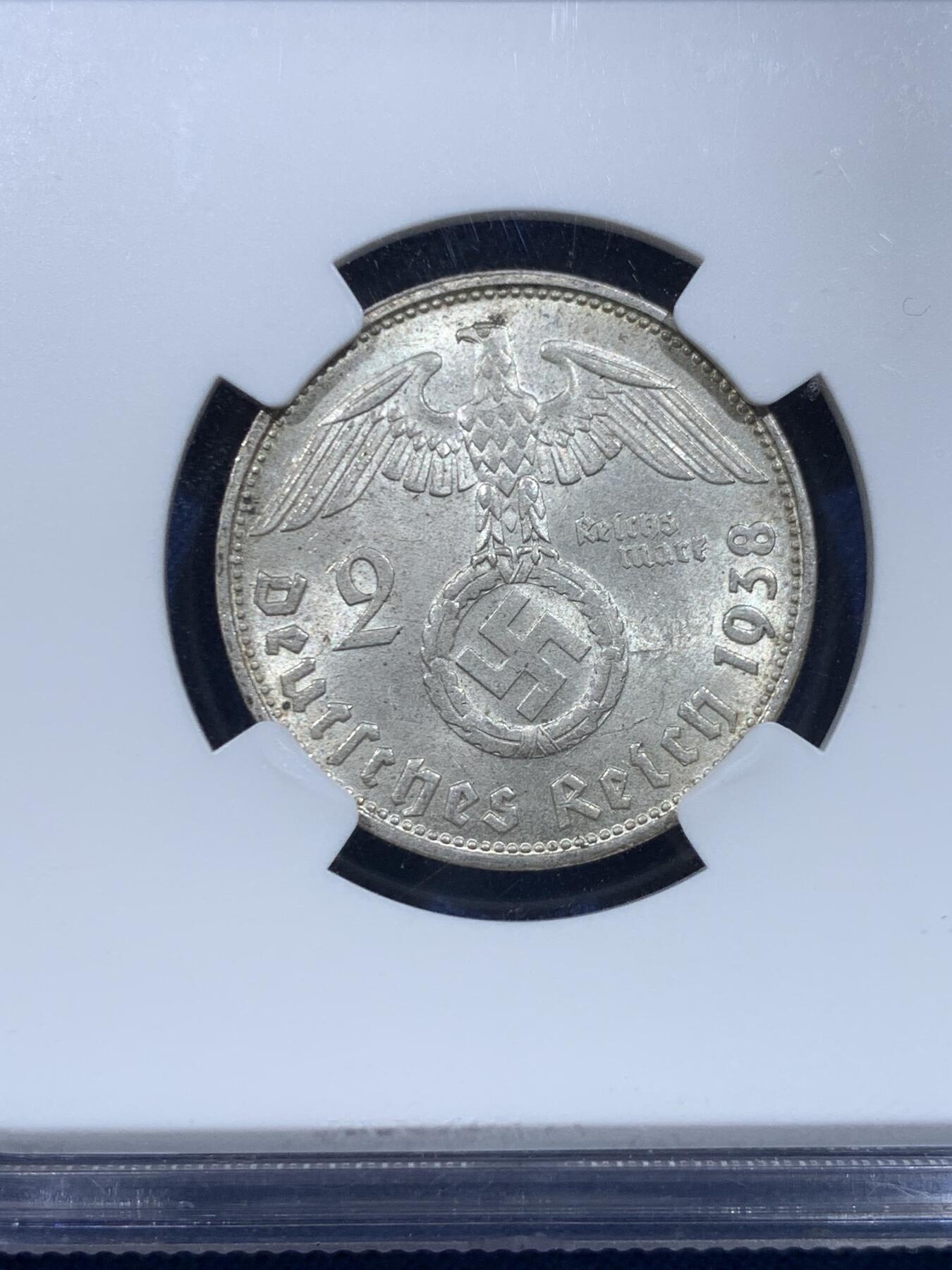 《竞宝斋》第482场 周日，周一 2场连拍 （全场包邮）20级店铺 欢迎送拍 NGC MS63 德国1938B帝国时期兴登堡2马克银币，25mm/8克。