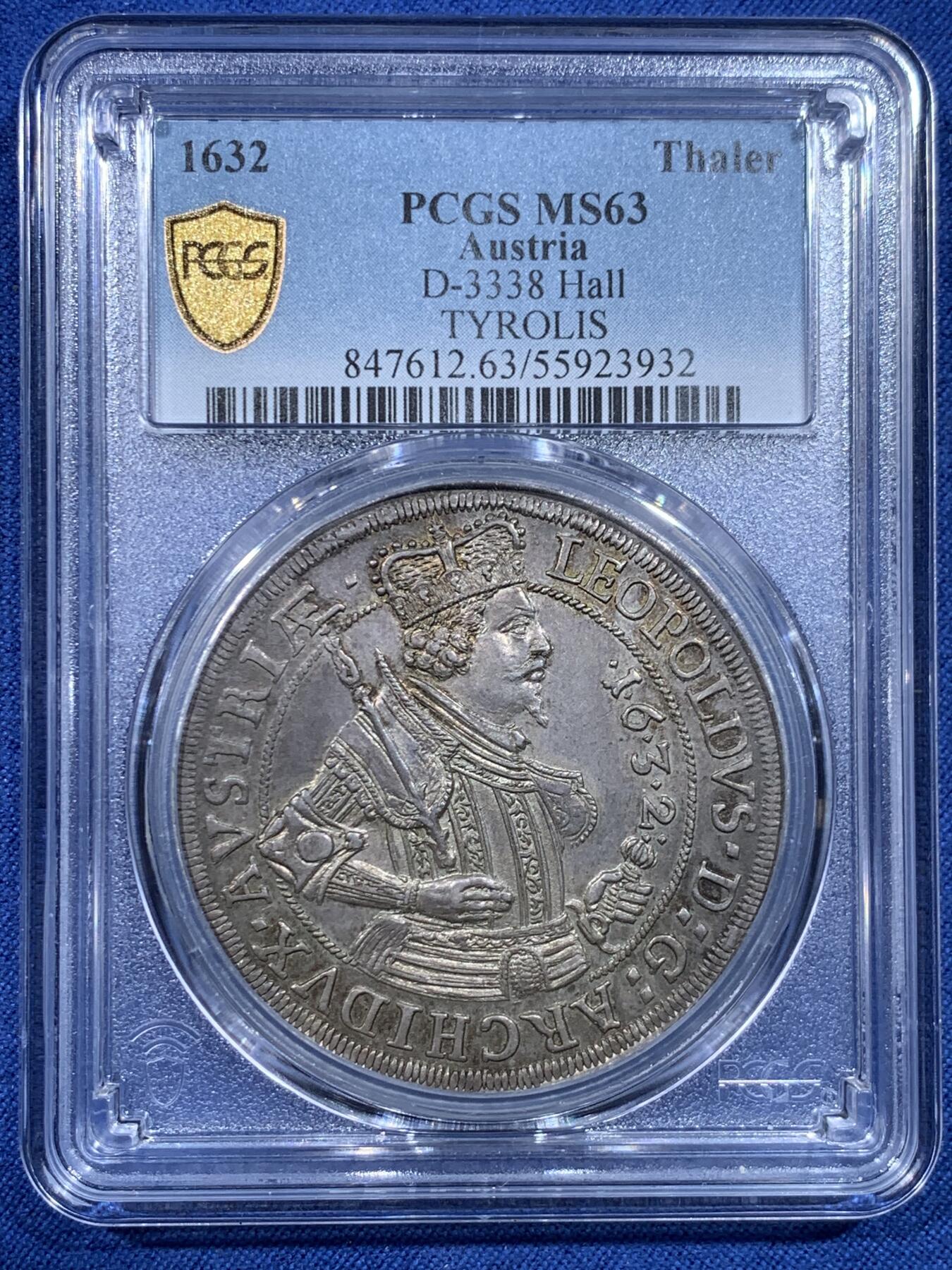 《竞宝斋》第482场 周日，周一 2场连拍 （全场包邮）20级店铺 欢迎送拍 PCGS MS63 神圣罗马 1632蒂罗尔大公利奧波德五世戎装像泰勒 TYROLIS 少见版本 难得全深打 深五彩收藏级 联合泰勒已经起飞 神罗是个不错的选择