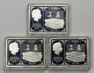 S&S Numismatic世界钱币-拍卖 第126期  库克群岛2012年 卫国战争200周年-战争与和平（列夫托尔斯泰名著）5元彩色精制矩形纪念银币3枚全套 3X1盎司925银 发行量10000枚，芬兰造币厂出品  品相如图，壳子内裂