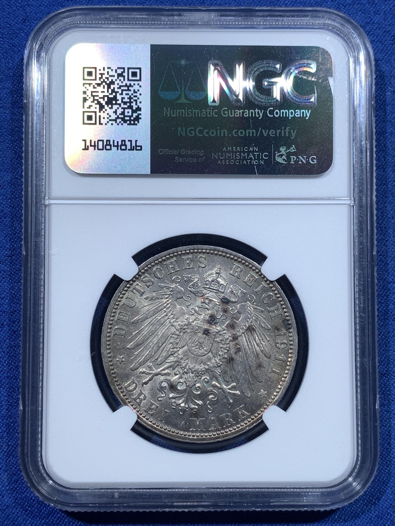 《竞宝斋》第482场 周日，周一 2场连拍 （全场包邮）20级店铺 欢迎送拍 NGC MS62 德国 1911D 巴伐利亚摄政王 柳特波德 90大寿 3马克银币