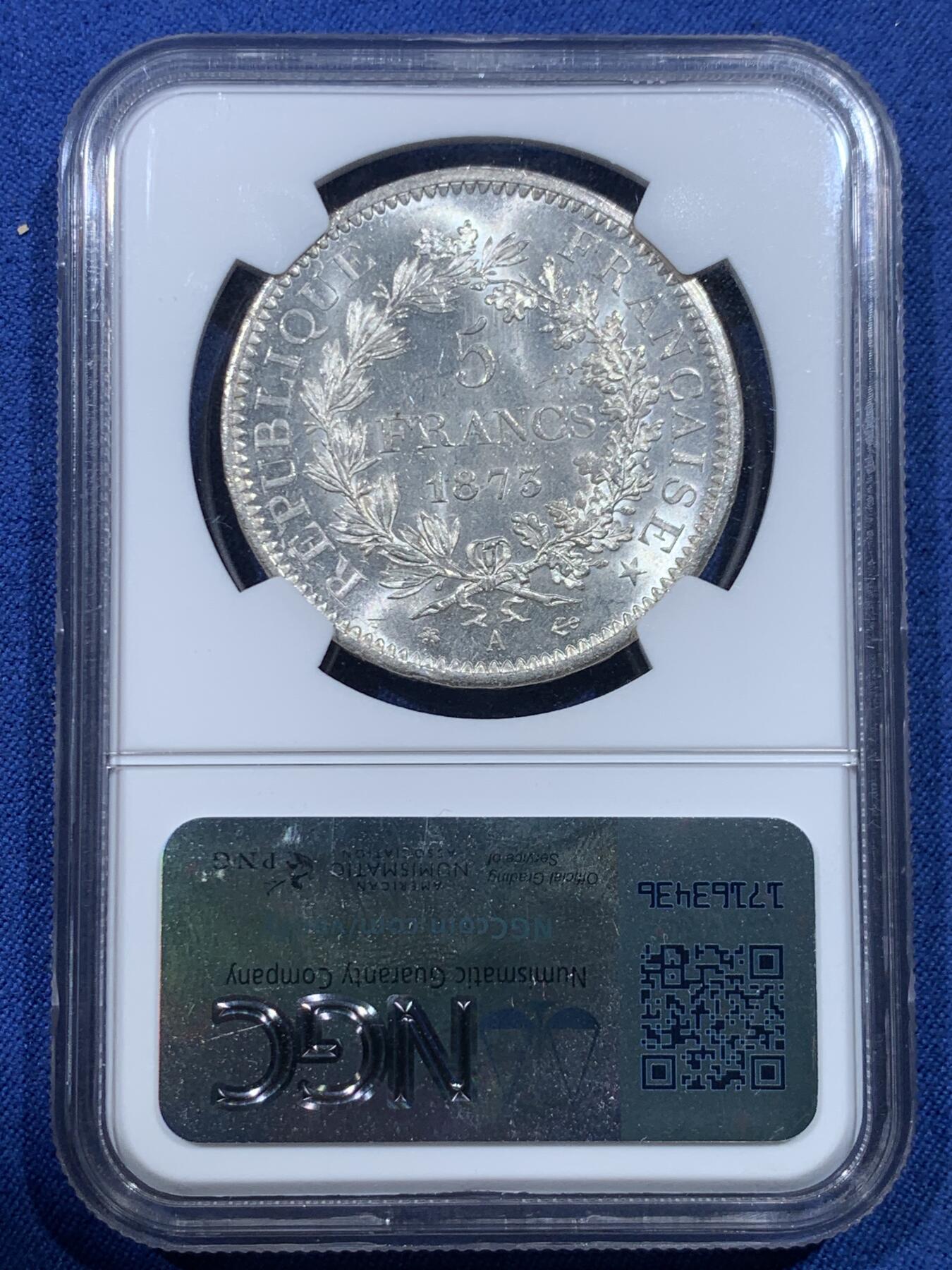 《竞宝斋》第482场 周日，周一 2场连拍 （全场包邮）20级店铺 欢迎送拍 NGC MS64 法国 法兰西第三共和国1873A大力神5法郎银币 好品好质感 分数也不错