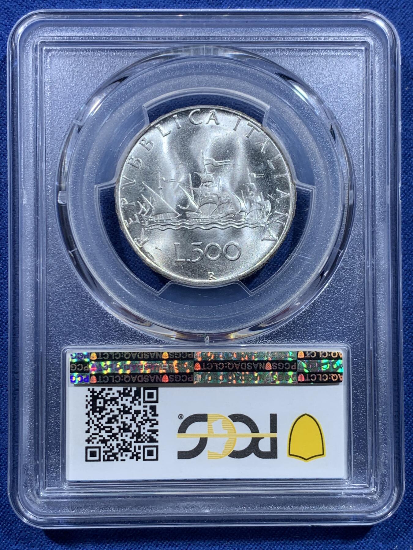 《竞宝斋》第482场 周日，周一 2场连拍 （全场包邮）20级店铺 欢迎送拍 PCGS MS64 意大利1966年少女帆船500里拉银币 卷拆银光