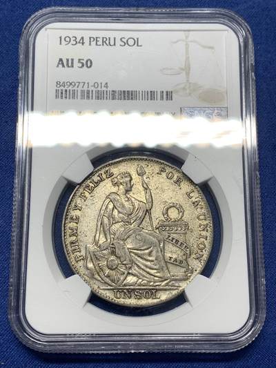 《竞宝斋》第482场 周日，周一 2场连拍 （全场包邮）20级店铺 欢迎送拍 - NGC AU50 秘鲁1934年坐人女神1索尔银币
