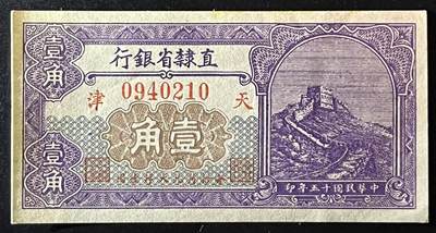 小福收藏拍卖第205期 裸钞场 本期有多张豹子号靓号  大量民国钞 百慕大样钞洋葱冠全套  阿富汗首年份查希尔国王和独立纪念碑 仅发行1000枚亚克力砖封蒙古20000图格里克帝国800周年纪念钞 卢旺达 东加勒比 斯里兰卡等多国精美纸币 直隶省银行 天津 民国十五年 1926年 壹角 有黄 unc