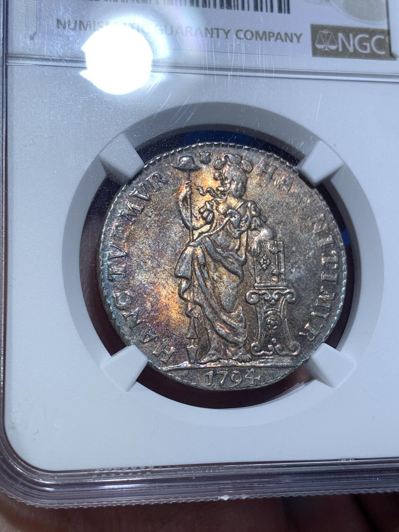 《竞宝斋》第482场 周日，周一 2场连拍 （全场包邮）20级店铺 欢迎送拍 NGC UNCD 荷兰1794年乌特勒支1盾银币，炫丽五彩，高点清晰，值得入藏。