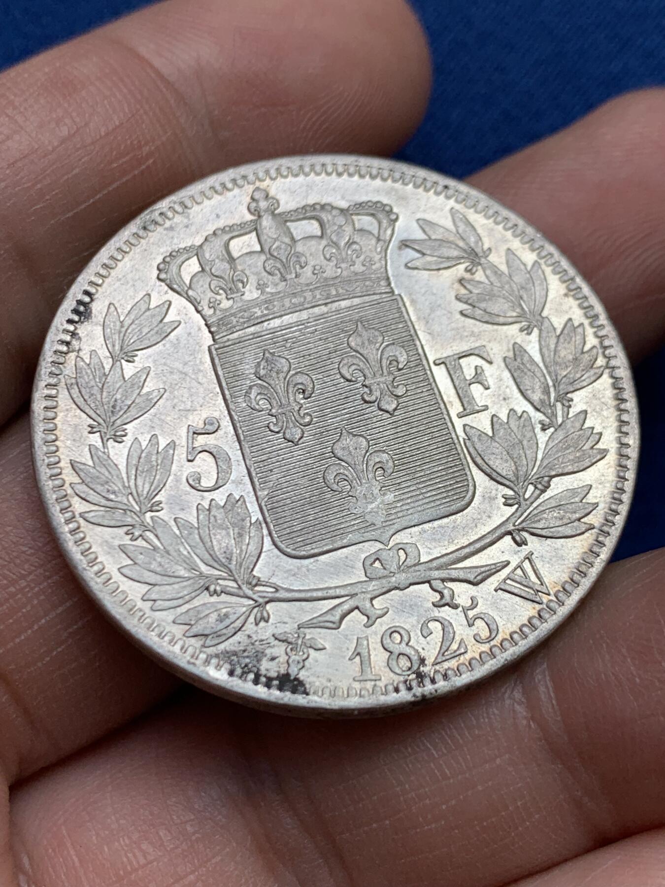 《竞宝斋》第482场 周日，周一 2场连拍 （全场包邮）20级店铺 欢迎送拍 法国1825年W版查理十世5法郎大银币，里尔造币厂