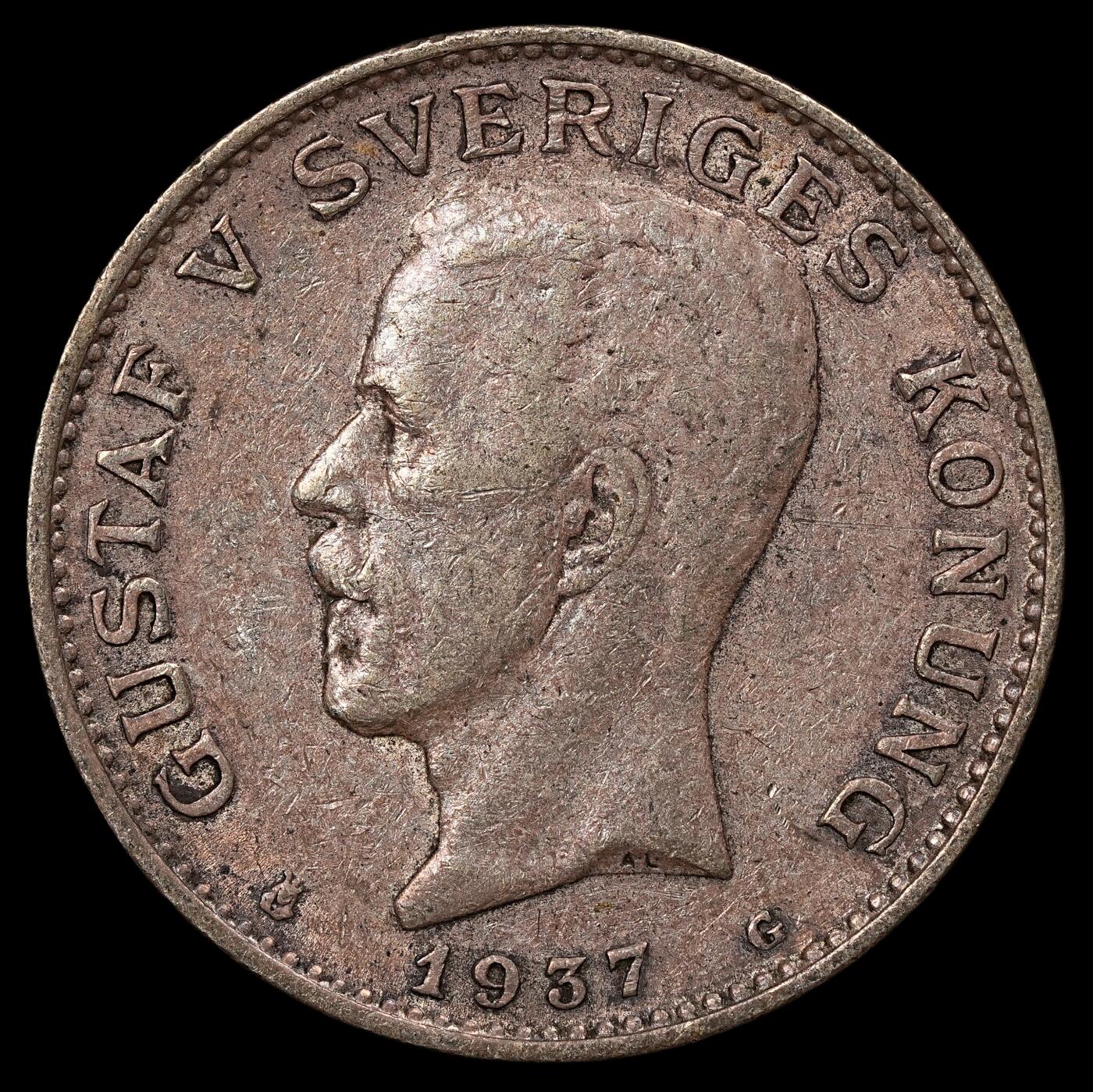 修遠堂世界钱币第112期 1937年瑞典1克朗银币，7.46g，含银80%