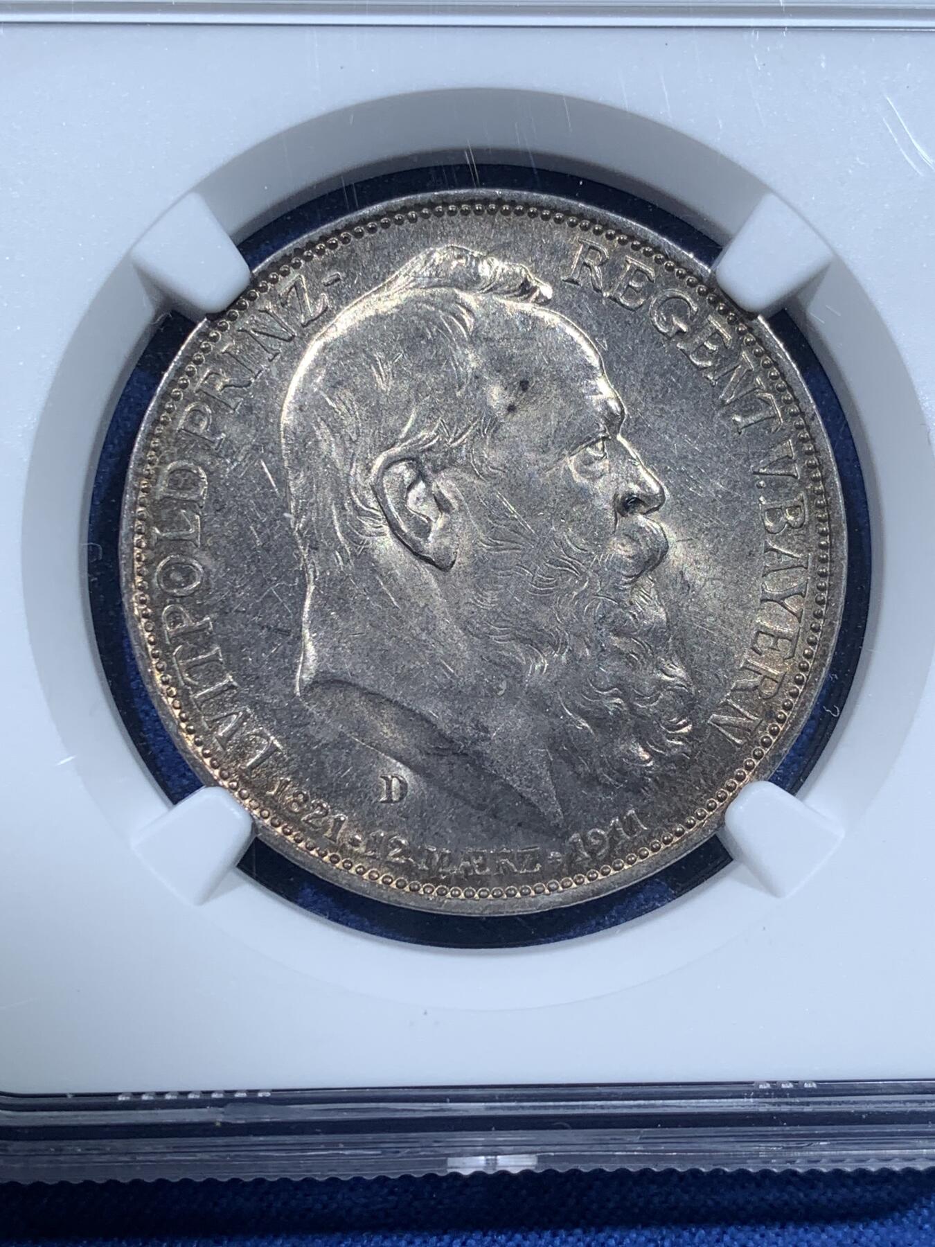 《竞宝斋》第482场 周日，周一 2场连拍 （全场包邮）20级店铺 欢迎送拍 NGC MS62 德国 1911D 巴伐利亚摄政王 柳特波德 90大寿 3马克银币