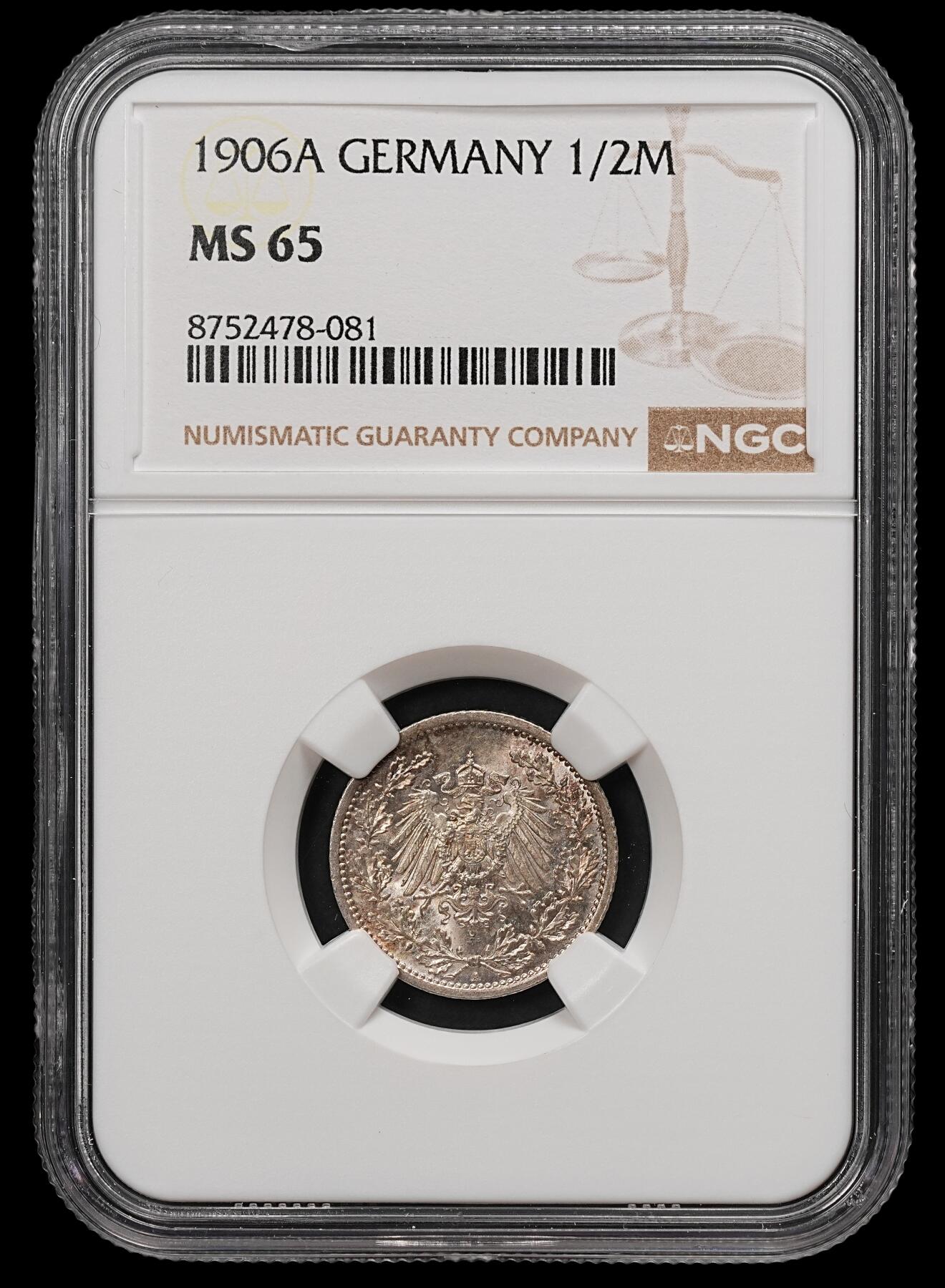 修遠堂世界钱币第112期 NGC MS65 1906年德国1/2马克银币，A厂铭