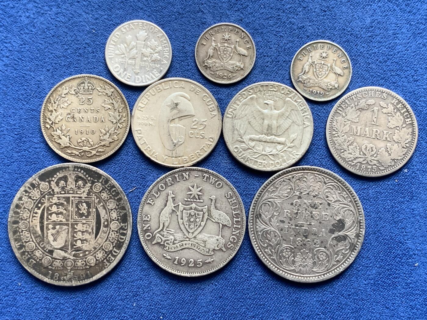 《竞宝斋》第482场 周日，周一 2场连拍 （全场包邮）20级店铺 欢迎送拍 10枚一组 各国银币，都是高银品种，含纯银59.6克（900银20.3克，917银11.5克，925银33.3克）