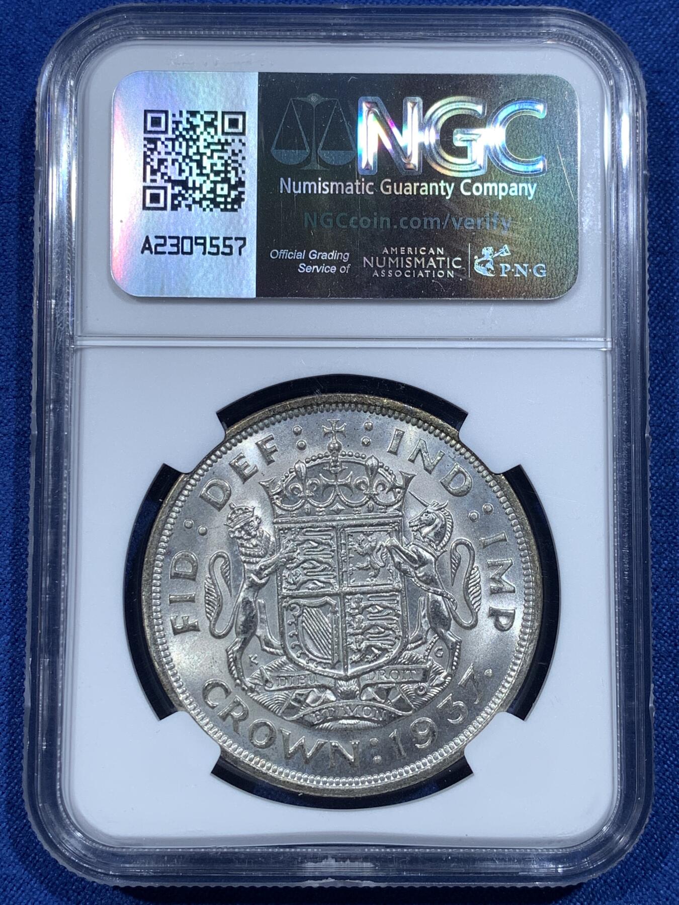 《竞宝斋》第482场 周日，周一 2场连拍 （全场包邮）20级店铺 欢迎送拍 NGC MS63 英国1937年乔治六世登基1克朗银币