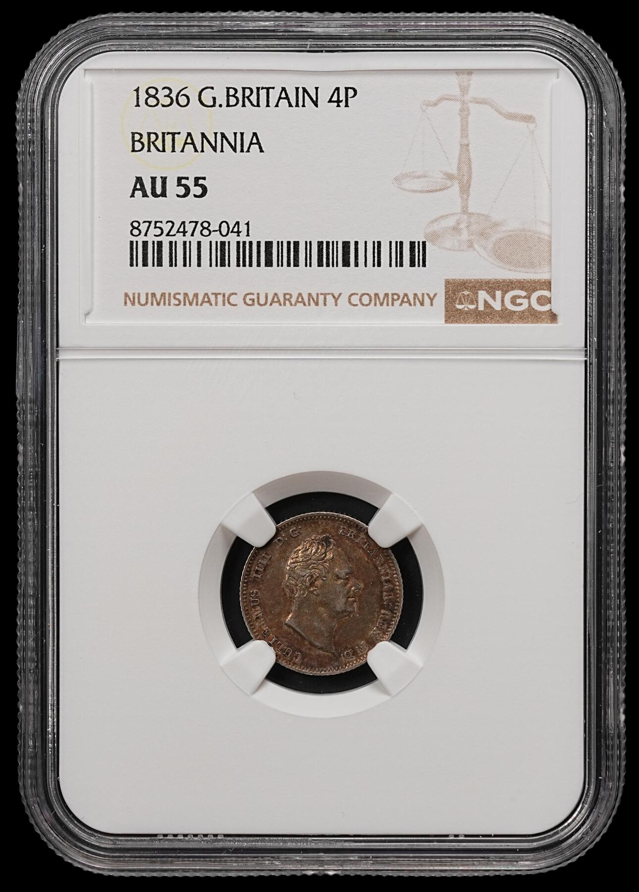 修遠堂世界钱币第112期 NGC AU55 1836年英国4便士银币，酱彩