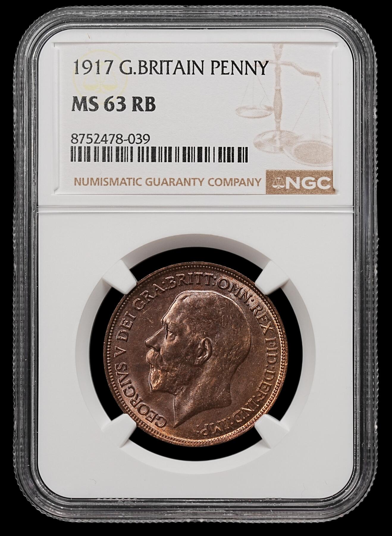 修遠堂世界钱币第112期 NGC MS63RB  1917年英国1便士铜币