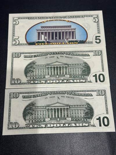 《外钞收藏家》第六百二十九期（精品场）（长期征集拍品、欢迎藏友们联系合作） 美国大头版2003年5美元（背面覆印彩色）+1999年10美元补号无47超靓号（有一个轻微荧光点，不像是潮）+2001年10美元无47靓号 一起 全新UNC