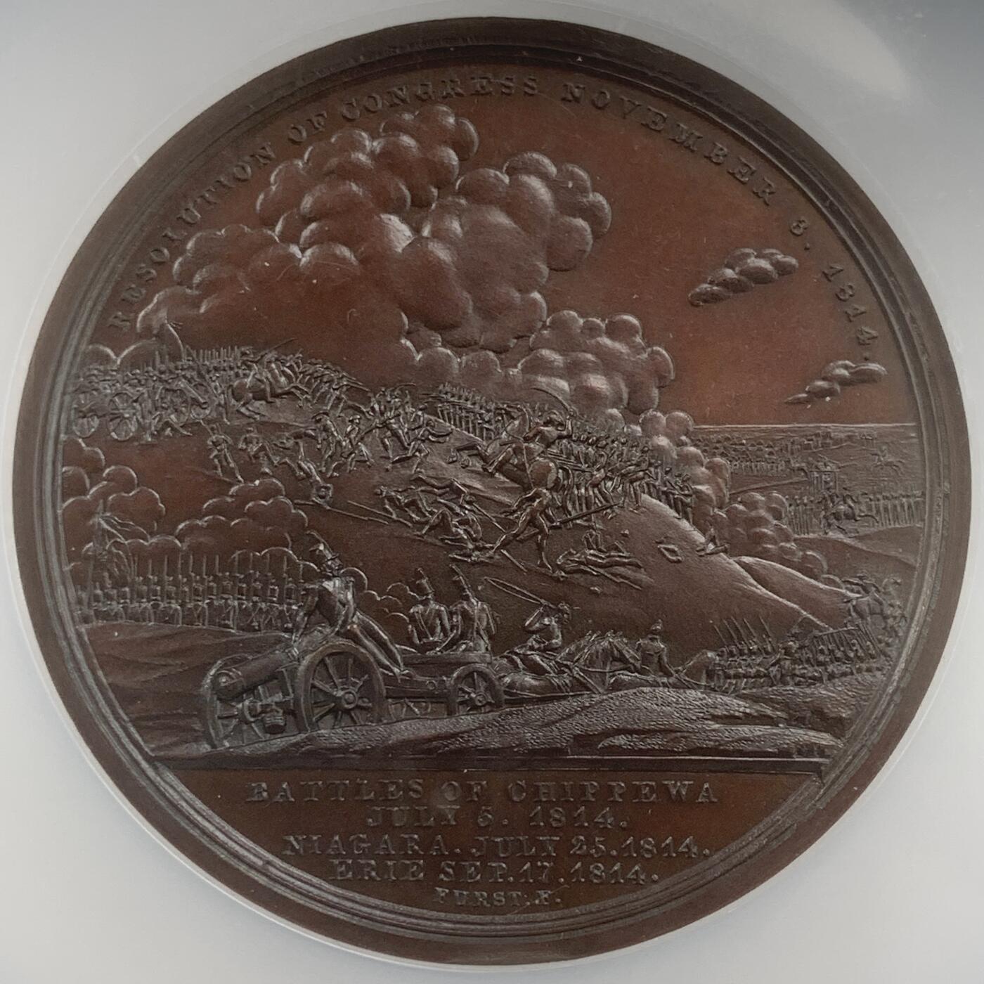 掌中浮雕-藏着的欧洲第059场 NGC MS63 ：1814年美国詹姆斯米勒准将铜章，65mm，原铸，稀少