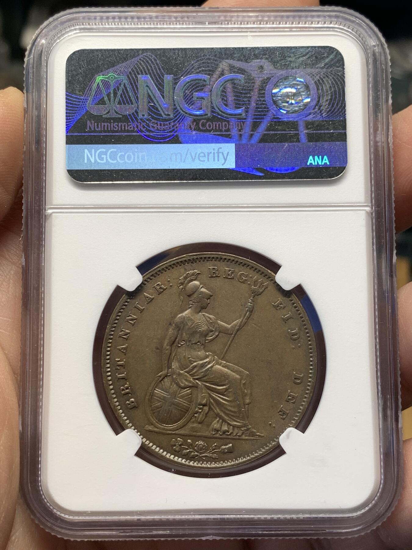 《竞宝斋》第482场 周日，周一 2场连拍 （全场包邮）20级店铺 欢迎送拍 NGC AU55BN 英国1855年维多利亚1便士铜币