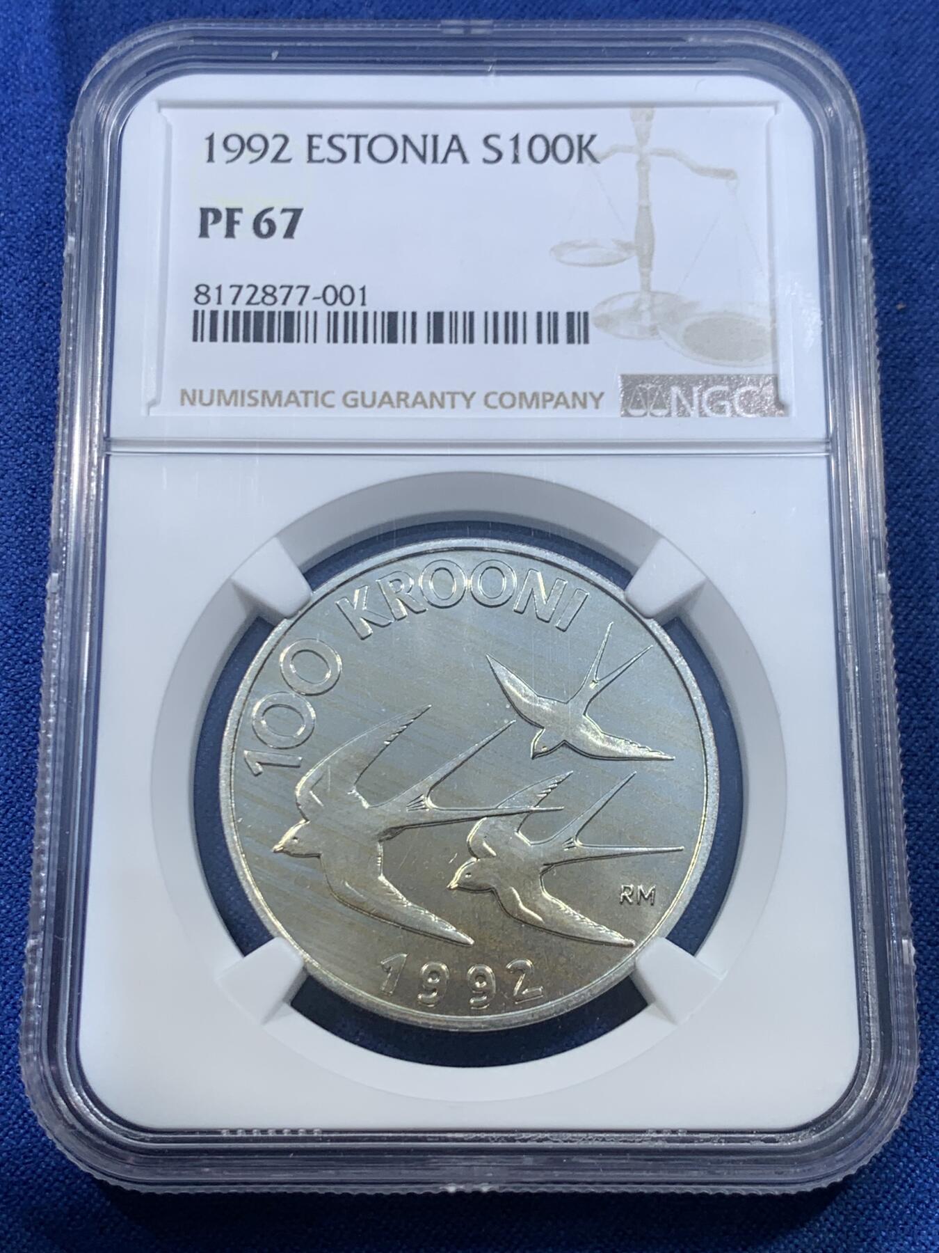 《竞宝斋》第482场 周日，周一 2场连拍 （全场包邮）20级店铺 欢迎送拍 NGC PF67 爱沙尼亚1992年100克朗银币，燕子主题，独立纪念精制币，镜面工艺，状态一流，爱沙尼亚独立后首套流通币系列，少见早期品种