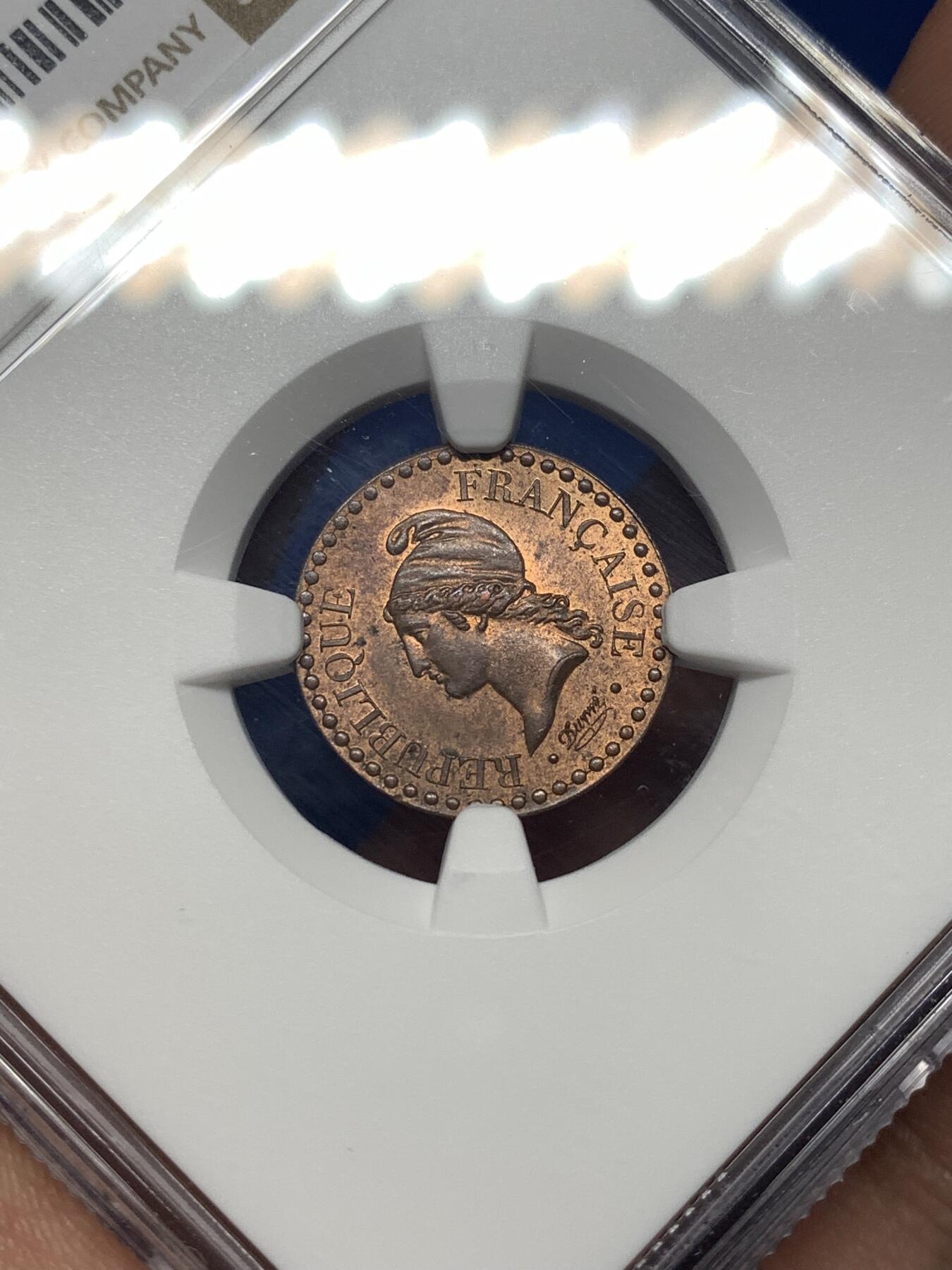 《竞宝斋》第482场 周日，周一 2场连拍 （全场包邮）20级店铺 欢迎送拍 NGC MS63RB 法国 1848A 1分铜币