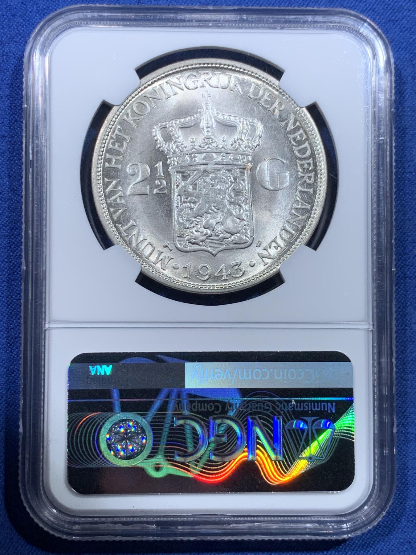 《竞宝斋》第482场 周日，周一 2场连拍 （全场包邮）20级店铺 欢迎送拍 NGC MS65 荷属东印度1943年D版威廉明娜2.5盾银币 品相好 亚军分