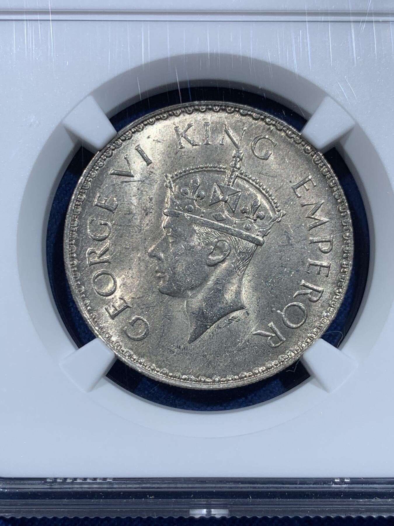 《竞宝斋》第482场 周日，周一 2场连拍 （全场包邮）20级店铺 欢迎送拍 NGC MS63 英属印度1941年乔治六世1卢比银币 好状态 虽然是常见品种 但能上63分挺不容易