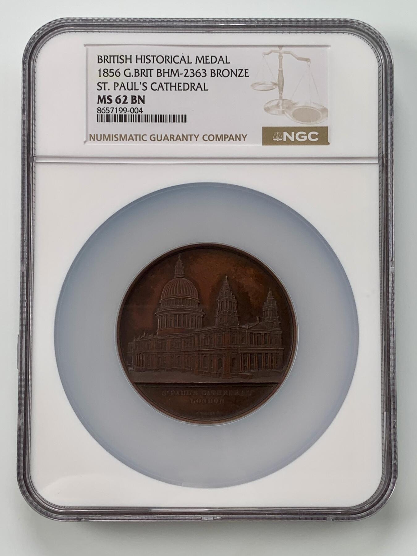 掌中浮雕-藏着的欧洲第059场 NGC MS62 ：1856年英国圣保罗大教堂铜章，J.Wiener雕刻，59mm，
