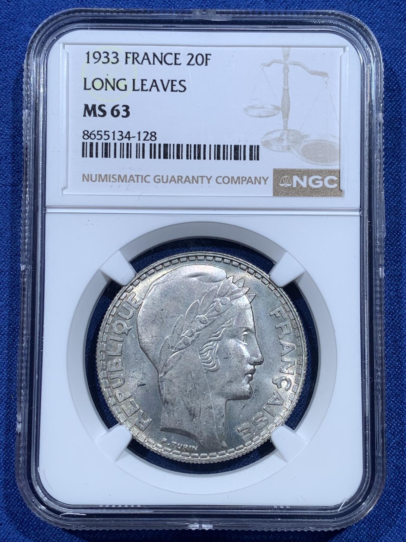 《竞宝斋》第482场 周日，周一 2场连拍 （全场包邮）20级店铺 欢迎送拍 NGC MS63 法国 1933年 谷物女神 20法郎银币