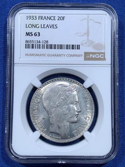 《竞宝斋》第482场 周日，周一 2场连拍 （全场包邮）20级店铺 欢迎送拍 - NGC MS63 法国 1933年 谷物女神 20法郎银币